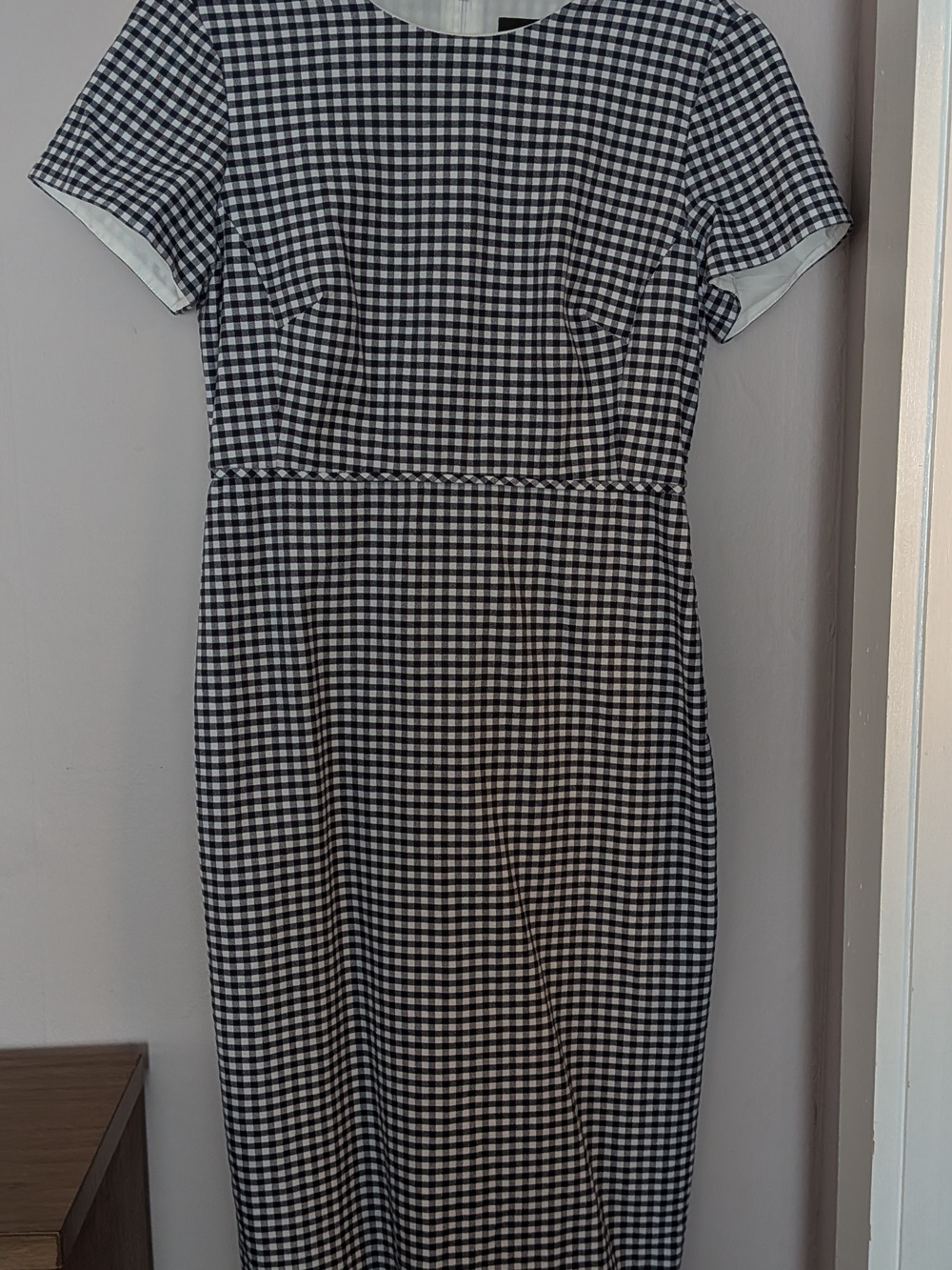 J. Crew Black and White Gingham Midi Dress with Short Sleeves